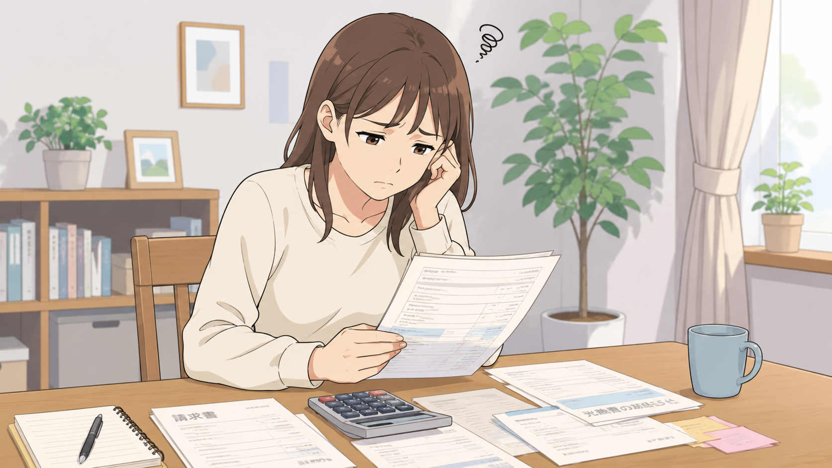 浮気調査の依頼前に費用面の不安を抱える人物のイメージ。証拠が取れなかった場合のリスクを考えるシーンを描いたイラスト。